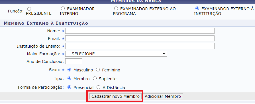 cadastrar novo membro defesa